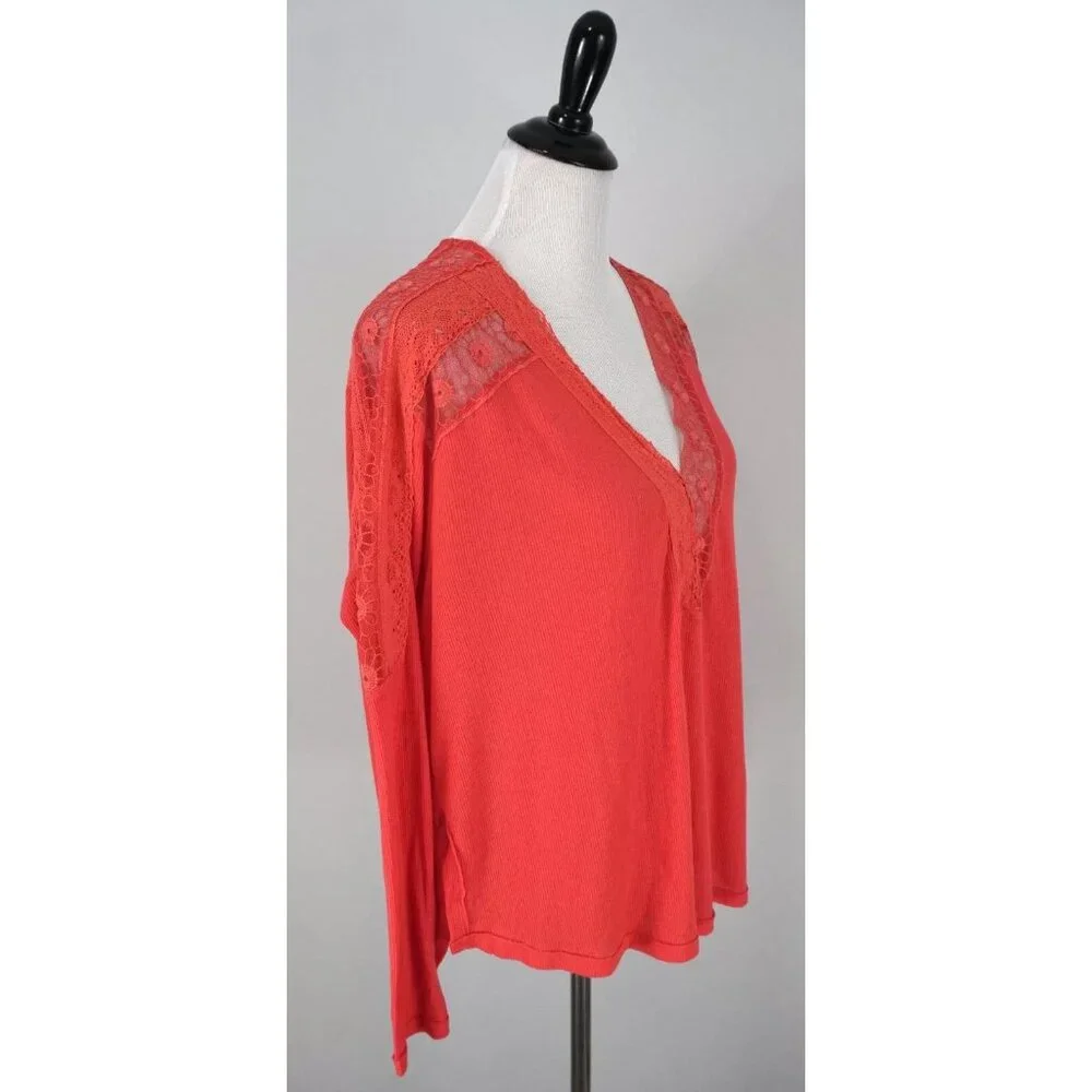 Free People Pink Lola Lace Floral V-Neck Sheer Coral Top Shirt Size Small